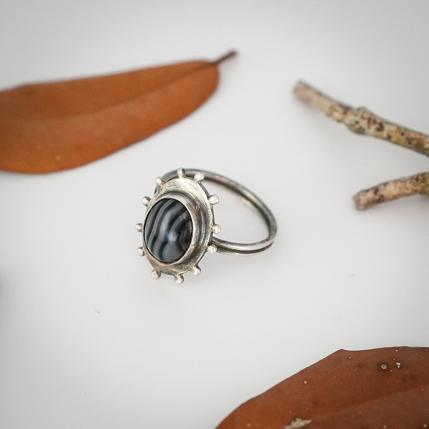 Striped Black Agate and Sterling Silver Ring