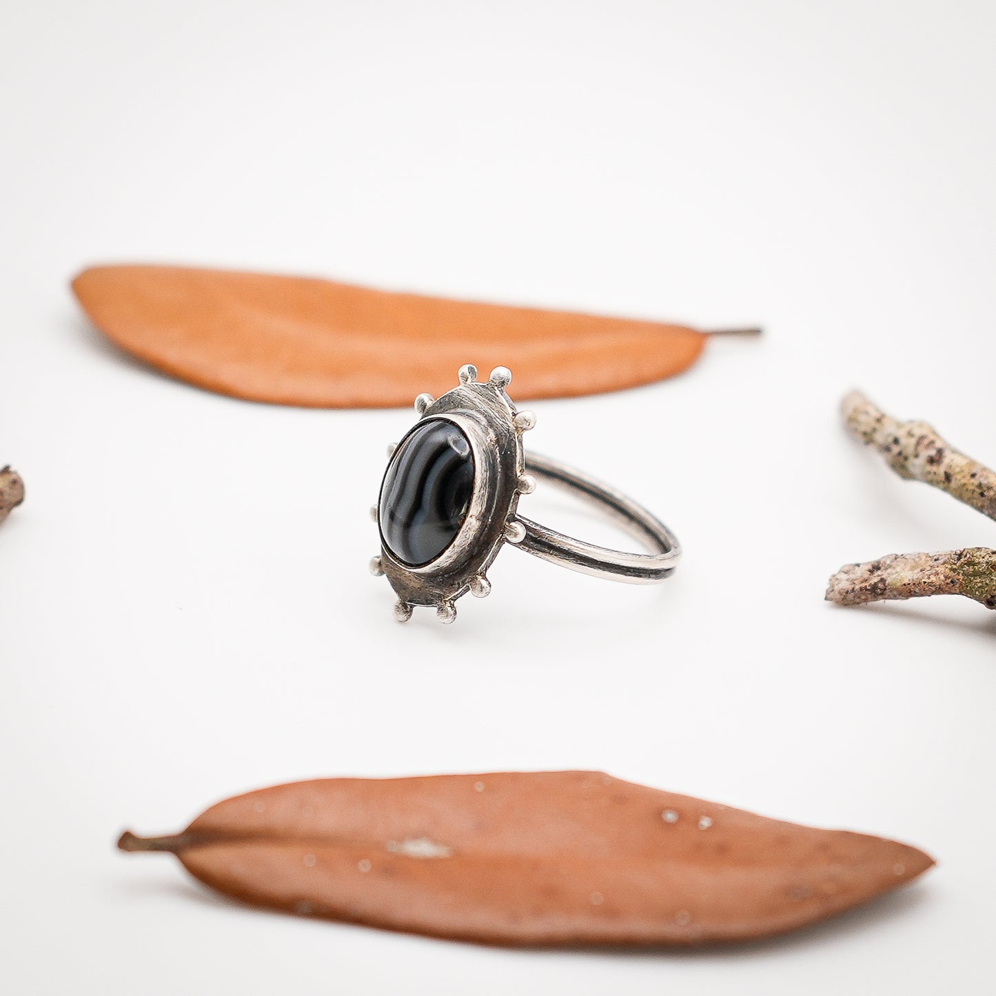 Striped Black Agate and Sterling Silver Ring