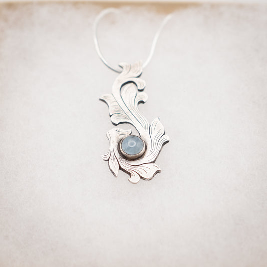Silver Scrolls Aquamarine Pendant