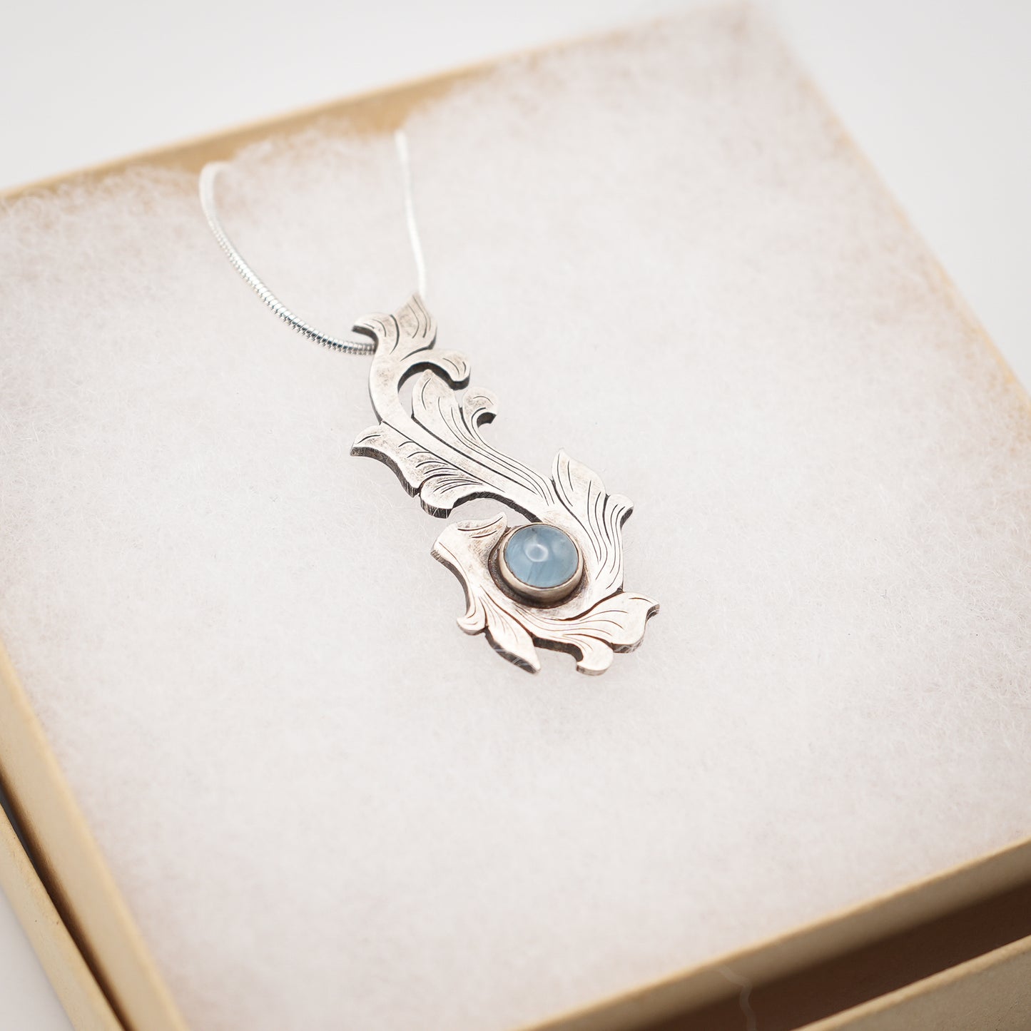 Silver Scrolls Aquamarine Pendant