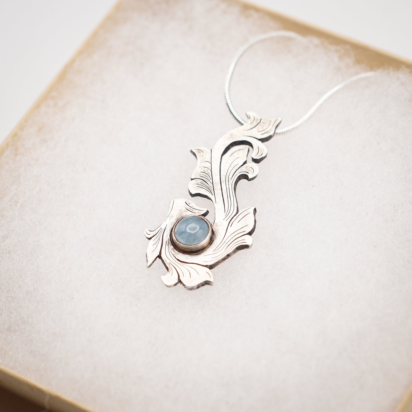 Silver Scrolls Aquamarine Pendant